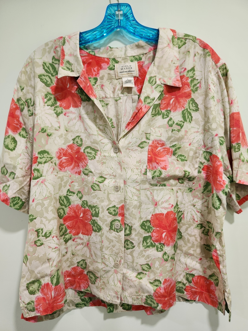 Field Manor Coral Floral Button-Front Shirt Silk Cotton Blend